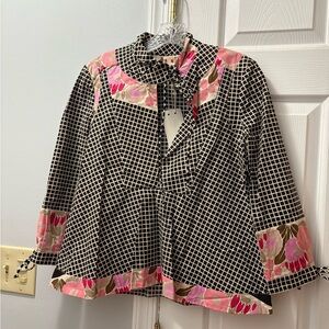 Marni Black Grid Blouse With Pink Floral Trim size 44/ US Size 8 NWT